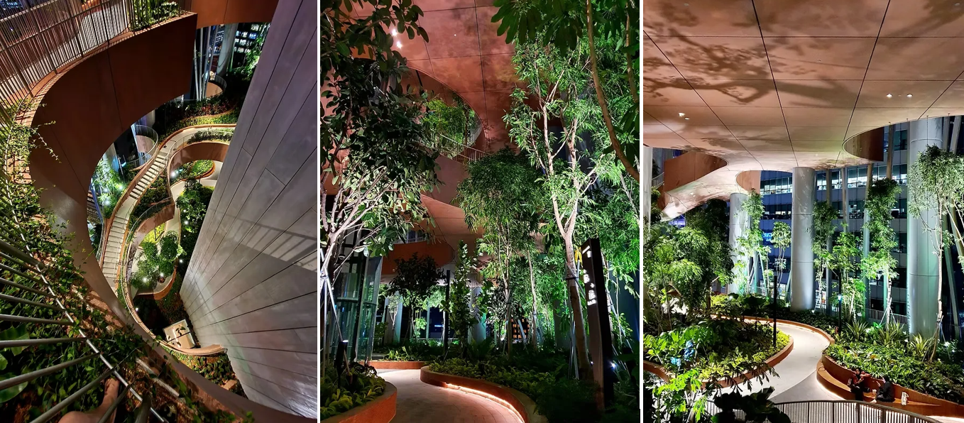 The 3 images show the inside of CapitaSprings and its greenery installed during night time, with night lights